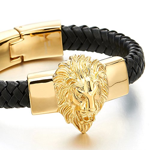 COOLSTEELANDBEYOND Mens Large Braided Leather Bracelet with Steel Gold Color Lion and Black Genuine Leather Straps - coolsteelandbeyond