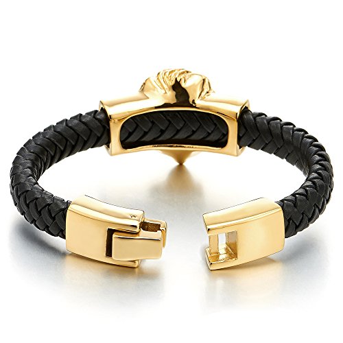COOLSTEELANDBEYOND Mens Large Braided Leather Bracelet with Steel Gold Color Lion and Black Genuine Leather Straps - coolsteelandbeyond