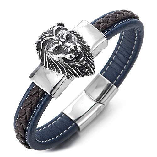 COOLSTEELANDBEYOND Mens Large Navy Blue Brown Braided Leather Straps Bangle Bracelet with Stainless Steel Lion Head - coolsteelandbeyond
