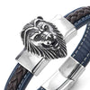 COOLSTEELANDBEYOND Mens Large Navy Blue Brown Braided Leather Straps Bangle Bracelet with Stainless Steel Lion Head - coolsteelandbeyond