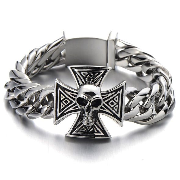 Mens Large Skull Cross Bracelet Stainless Steel Curb Chain Biker Gothic Silver Color Polished - COOLSTEELANDBEYOND Jewelry
