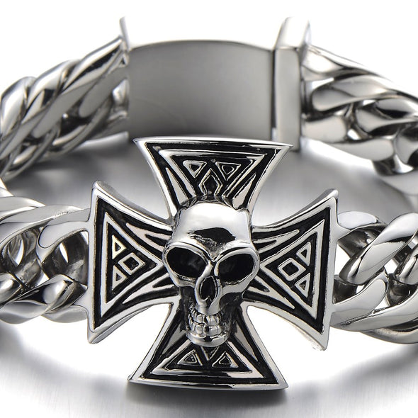 Mens Large Skull Cross Bracelet Stainless Steel Curb Chain Biker Gothic Silver Color Polished - COOLSTEELANDBEYOND Jewelry