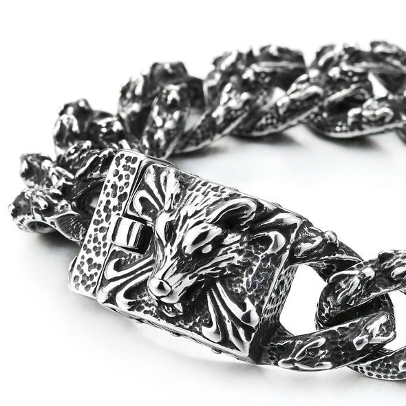 Mens Large Stainless Steel Curb Chain Bracelet with Wolf, Biker Masculine, Blacken - COOLSTEELANDBEYOND Jewelry