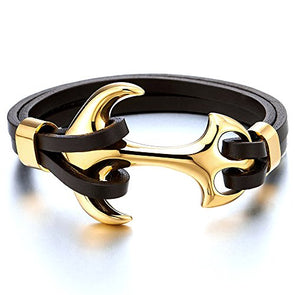 COOLSTEELANDBEYOND Men's Brown Braided Leather Bracelet - Double Row Bangle With Gold Steel Ornaments