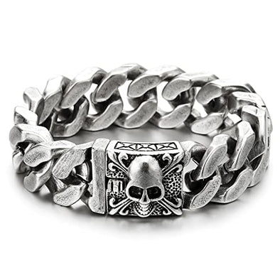 Rugged Brushed Steel Curb Chain Bracelet for Men, Skull and Fleur De Lis Design, Heavy-Duty, Ideal for Biker Style and Casual Events - COOLSTEELANDBEYOND Jewelry