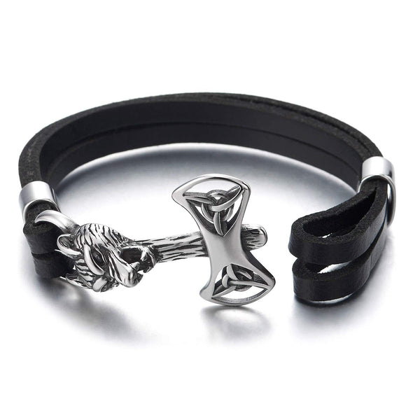COOLSTEELANDBEYOND Mens Multi-Strand Black Leather Bracelet with Vintage Steel Trinity Celtic Knot Axe Wolf Head Hook - coolsteelandbeyond