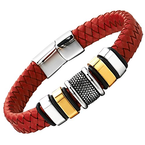 COOLSTEELANDBEYOND Mens Red Braided Leather Bracelet Genuine Leather Wristband with Stainless Steel Ornaments and Clasp - coolsteelandbeyond