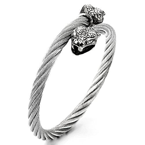 COOLSTEELANDBEYOND Mens Snake Bangle Stainless Steel Twisted Cable Cuff Bracelet Silver Color with Cubic Zirconia - coolsteelandbeyond