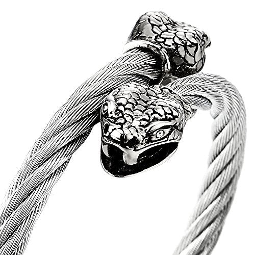 COOLSTEELANDBEYOND Mens Snake Bangle Stainless Steel Twisted Cable Cuff Bracelet Silver Color with Cubic Zirconia - coolsteelandbeyond