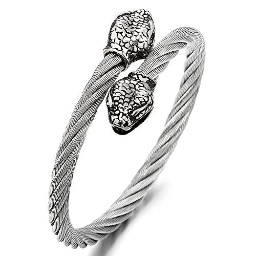 COOLSTEELANDBEYOND Mens Snake Bangle Stainless Steel Twisted Cable Cuff Bracelet Silver Color with Cubic Zirconia - coolsteelandbeyond