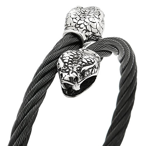 COOLSTEELANDBEYOND Mens Snake Head Bangle Stainless Steel Twisted Cable Cuff Bracelet Silver Black with Cubic Zirconia - coolsteelandbeyond