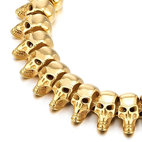 COOLSTEELANDBEYOND Mens Stainless Steel Biker Gothic Large Skull Link Bracelet, Gold Color, High Polished - coolsteelandbeyond