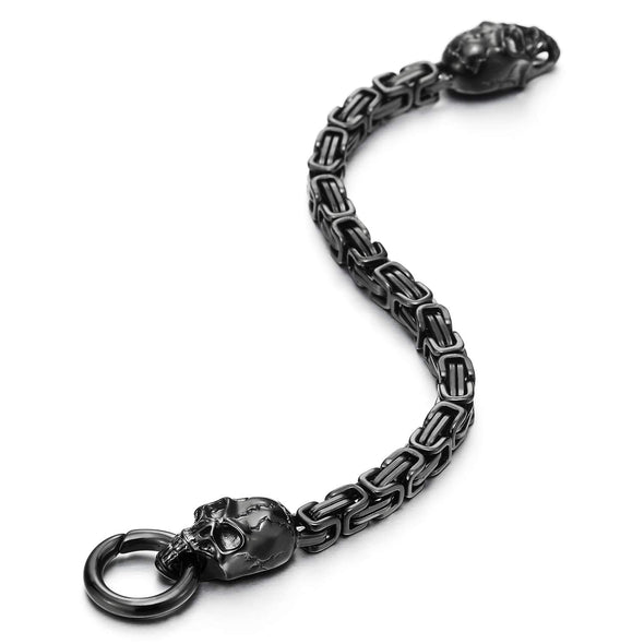 Mens Stainless Steel Black Crack Skull Byzantine Chain Bracelet with Spring Ring Clasp 8.3 Inches