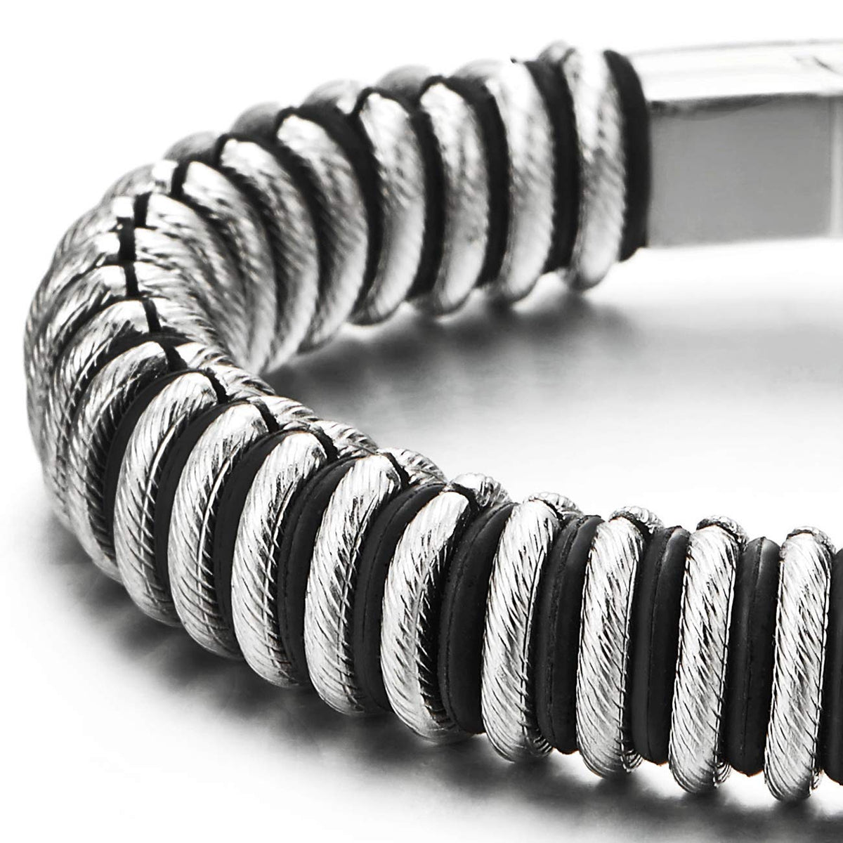 Mens Stainless Steel Cable Link Interwoven with Black Silicone Bracelet ...