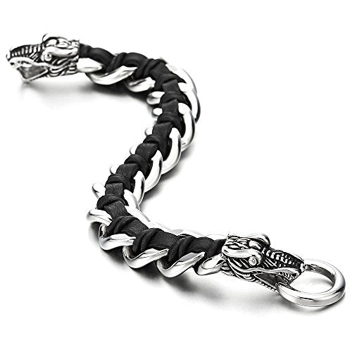 COOLSTEELANDBEYOND Mens Stainless Steel Dragon Curb Chain Bracelet Interwoven with Black Genuine Braided Leather - coolsteelandbeyond