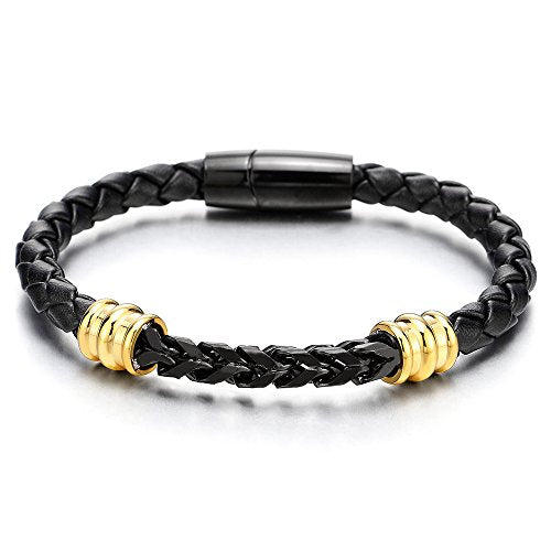 COOLSTEELANDBEYOND Mens Stainless Steel Gold Black Square Franco Chain Curb Chain and Black Braided Leather Bracelet - coolsteelandbeyond