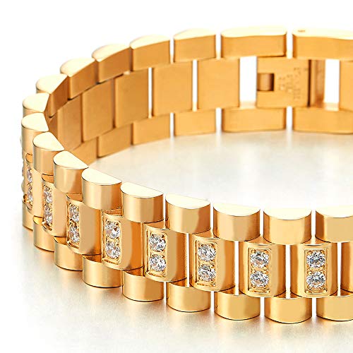 COOLSTEELANDBEYOND Mens Stainless Steel Gold Color Motorcycle Bike Chain Bracelet with Cubic Zirconia, Masculine - coolsteelandbeyond