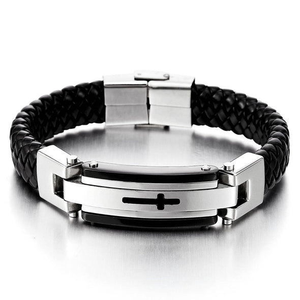 COOLSTEELANDBEYOND Mens Stainless Steel ID Identification Bracelet with Cross Black Braided Leather Wristband Bangle - coolsteelandbeyond