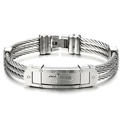 COOLSTEELANDBEYOND Mens Stainless Steel ID Identification Cross Bracelet with Three Twisted Cables Masculine - coolsteelandbeyond