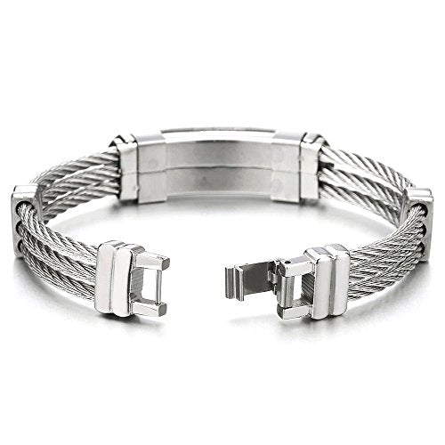 COOLSTEELANDBEYOND Mens Stainless Steel ID Identification Cross Bracelet with Three Twisted Cables Masculine - coolsteelandbeyond