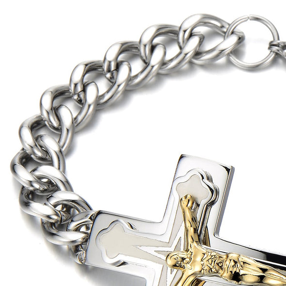COOLSTEELANDBEYOND Mens Stainless Steel Jesus Christ Crucifix Cross Bracelet Curb Chain Silver Gold Color Polished - coolsteelandbeyond