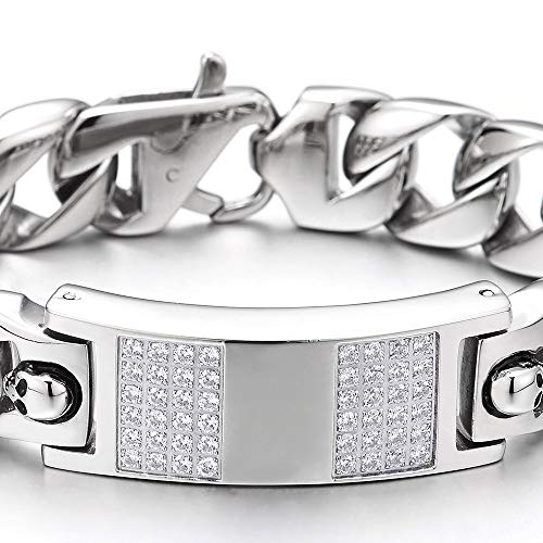 COOLSTEELANDBEYOND Mens Stainless Steel Large ID Identification Curb Chain Bracelet with Cubic Zirconia and Skulls - coolsteelandbeyond