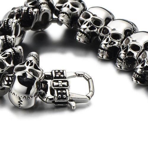 COOLSTEELANDBEYOND Mens Stainless Steel Large Skull Link Bracelet Biker Gothic Style Silver Color High Polished - coolsteelandbeyond