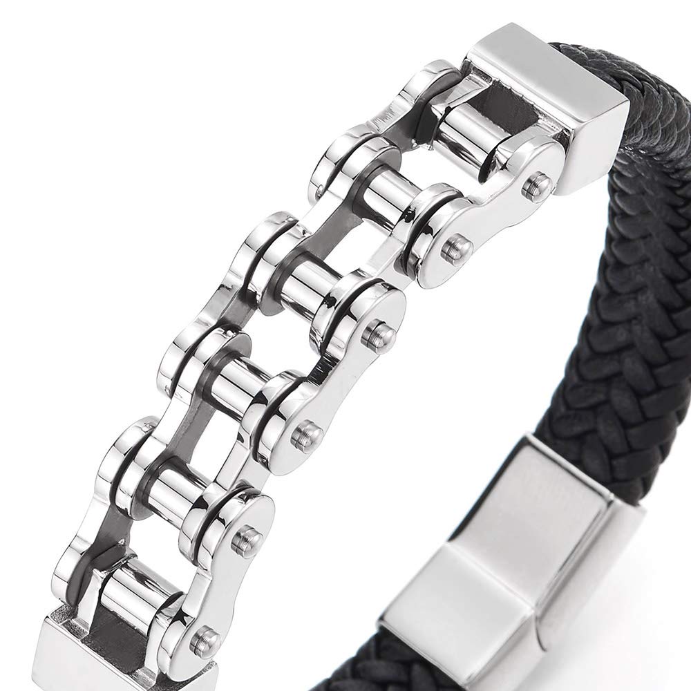 Mens Stainless Steel Motorcycle Bike Chain Bracelet Black Braided ...