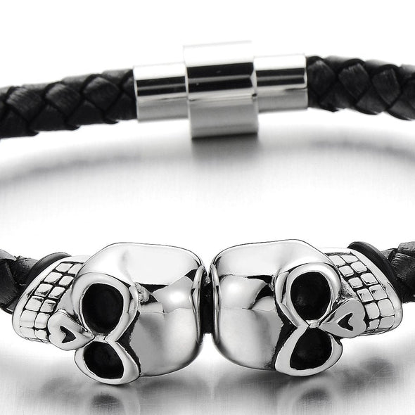 COOLSTEELANDBEYOND Mens Stainless Steel Skull Black Genuine Leather Bracelet Wristband Bangle with Magnetic Clasp - coolsteelandbeyond