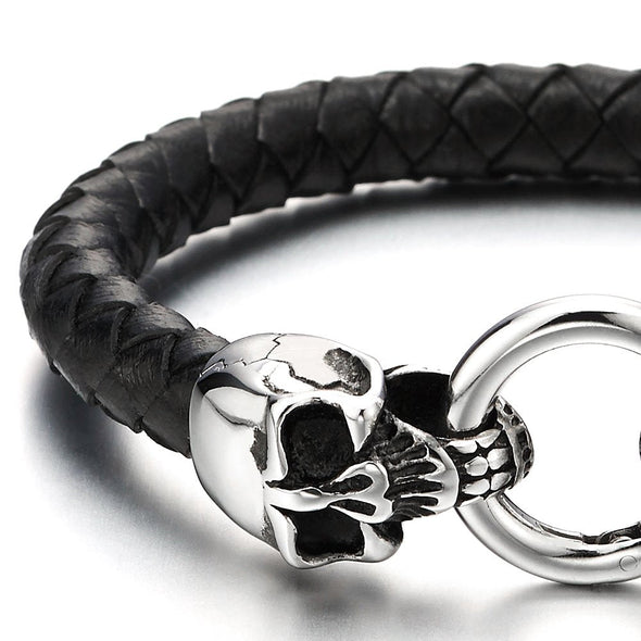 COOLSTEELANDBEYOND Mens Stainless Steel Skull Bracelet, Genuine Braided Black Leather Bangle with O Ring Clasp - coolsteelandbeyond