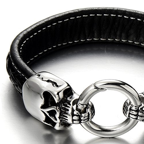 COOLSTEELANDBEYOND Mens Stainless Steel Skull Bracelet with Black Genuine Leather Straps - coolsteelandbeyond