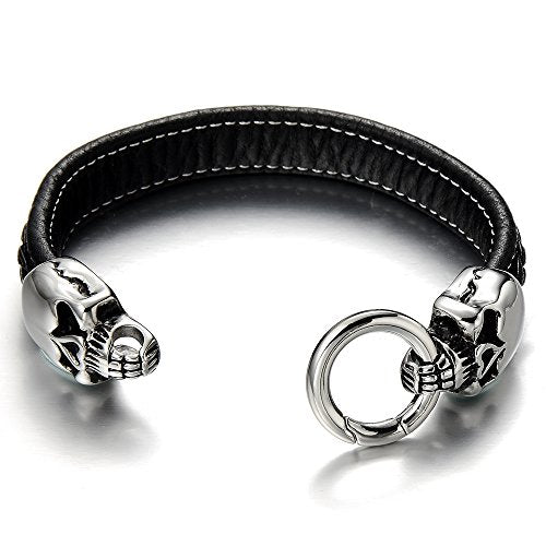 COOLSTEELANDBEYOND Mens Stainless Steel Skull Bracelet with Black Genuine Leather Straps - coolsteelandbeyond
