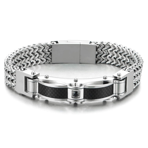 COOLSTEELANDBEYOND Mens Stainless Steel Square Franco Chain Curb Chain Bracelet, ID Identify with Carbon Fiber Black CZ - coolsteelandbeyond