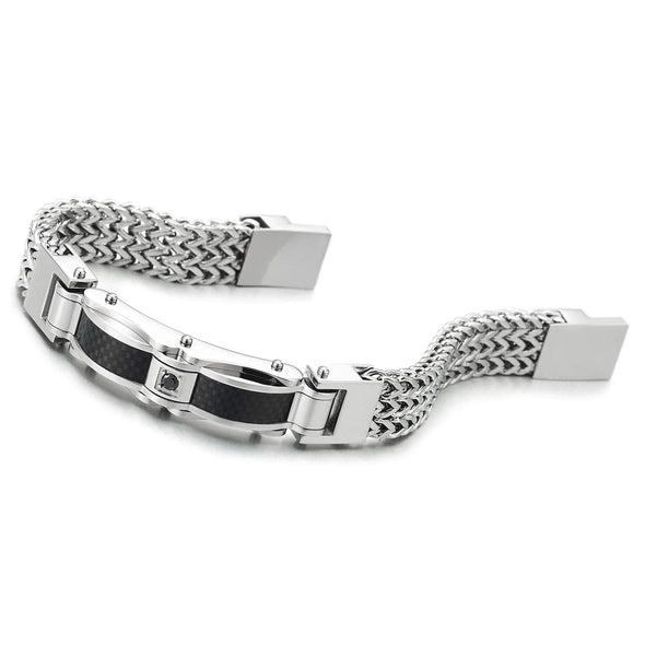 COOLSTEELANDBEYOND Mens Stainless Steel Square Franco Chain Curb Chain Bracelet, ID Identify with Carbon Fiber Black CZ - coolsteelandbeyond