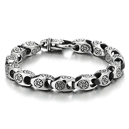 COOLSTEELANDBEYOND Mens Stainless Steel Vintage Cross Charms Link Chain Bracelet, Biker Punk Rock - coolsteelandbeyond