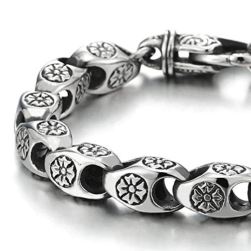 COOLSTEELANDBEYOND Mens Stainless Steel Vintage Cross Charms Link Chain Bracelet, Biker Punk Rock - coolsteelandbeyond