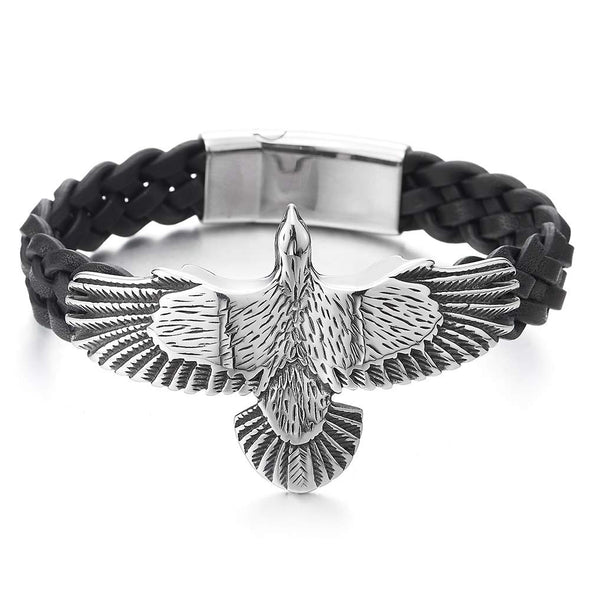 Mens Stainless Steel Vintage Flying Eagle Black Braided Leather Wristband Bangle Bracelet, Rock Punk - COOLSTEELANDBEYOND Jewelry