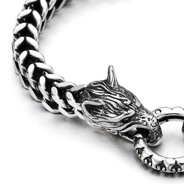 Mens Stainless Steel Vintage Wolf Head Franco Box Chain Bracelet with Spring Ring Clasp 8.07 Inch - COOLSTEELANDBEYOND Jewelry