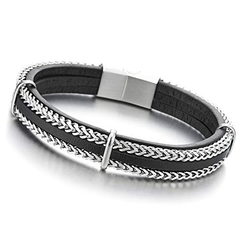 COOLSTEELANDBEYOND Mens Stainless Steel Wheat Chain and Black Leather Bangle Bracelet with Magnetic Clasp, Multi-Strand - coolsteelandbeyond