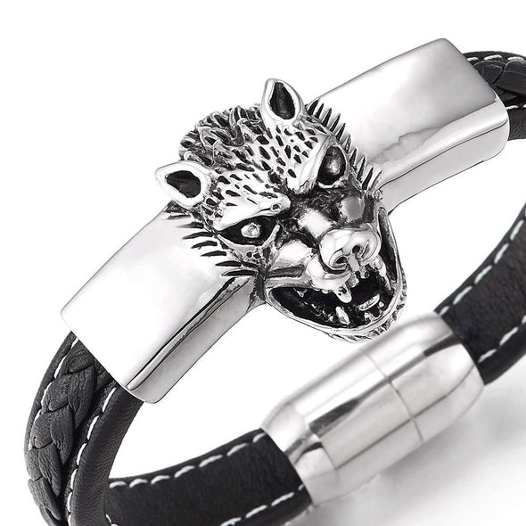 Mens Stainless Steel Wolf Head Bracelet, Black Braided Leather Bangle Wristband with White Stitches