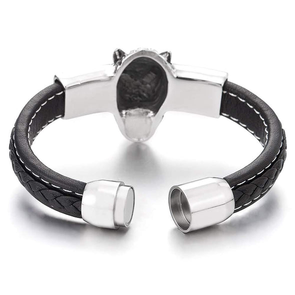 Mens Stainless Steel Wolf Head Bracelet, Black Braided Leather Bangle Wristband with White Stitches
