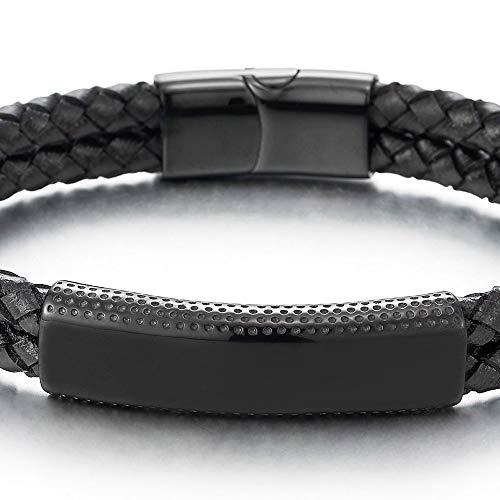 COOLSTEELANDBEYOND Mens Steel Black Dotted ID Identification Bangle Two-Row Black Braided Leather Bracelet Wristband - coolsteelandbeyond