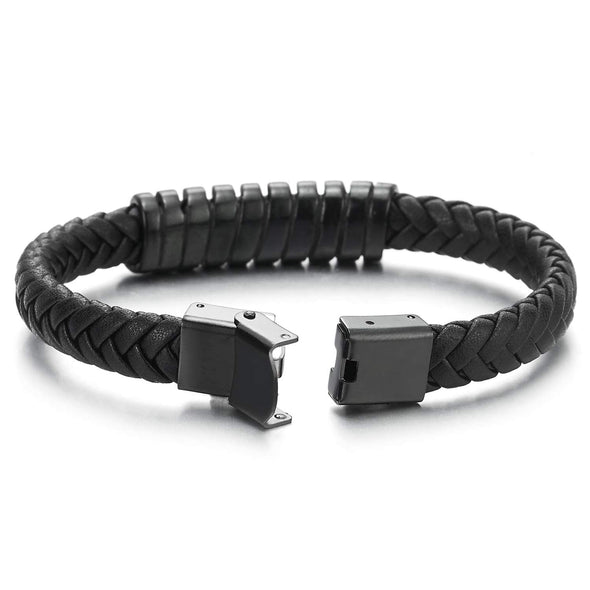 COOLSTEELANDBEYOND Mens Steel Black Spring Charm ID Identification Bangle Black Braided Leather Bracelet Wristband - coolsteelandbeyond
