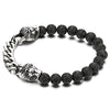 COOLSTEELANDBEYOND Mens Steel Curb Chain Lion Heads 8MM Black Volcanic Lava Rock Stone Beads Bracelet, Stretchable - coolsteelandbeyond