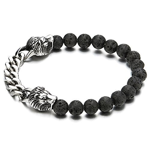 COOLSTEELANDBEYOND Mens Steel Curb Chain Lion Heads 8MM Black Volcanic Lava Rock Stone Beads Bracelet, Stretchable - coolsteelandbeyond
