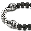 COOLSTEELANDBEYOND Mens Steel Curb Chain Lion Heads 8MM Black Volcanic Lava Rock Stone Beads Bracelet, Stretchable - coolsteelandbeyond