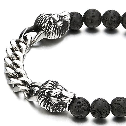 COOLSTEELANDBEYOND Mens Steel Curb Chain Lion Heads 8MM Black Volcanic Lava Rock Stone Beads Bracelet, Stretchable - coolsteelandbeyond
