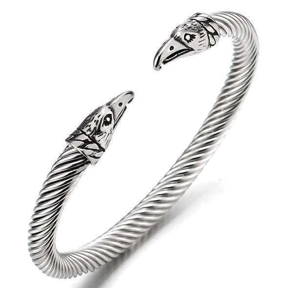 COOLSTEELANDBEYOND Mens Steel Elastic Adjustable Eagle Head Bracelet, Twisted Cable Bangle Cuff Bracelet, Polished - coolsteelandbeyond