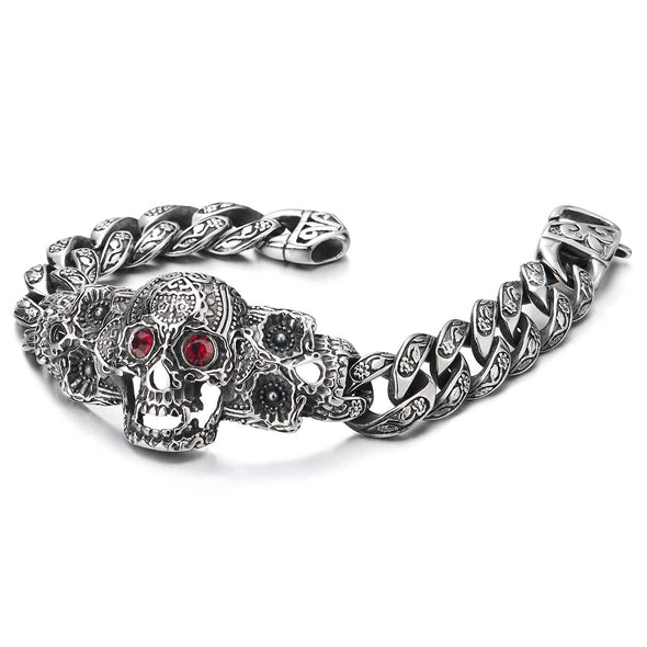 COOLSTEELANDBEYOND Mens Steel Fancy Curb Chain Bracelet with Vintage Sugar Skulls Charm Red Cubic Zirconia Eyes - coolsteelandbeyond