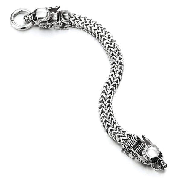 COOLSTEELANDBEYOND Mens Steel Franco Link Curb Chain Bracelet, Wing Skull with Cubic Zirconia, Spring Ring Clasp - coolsteelandbeyond